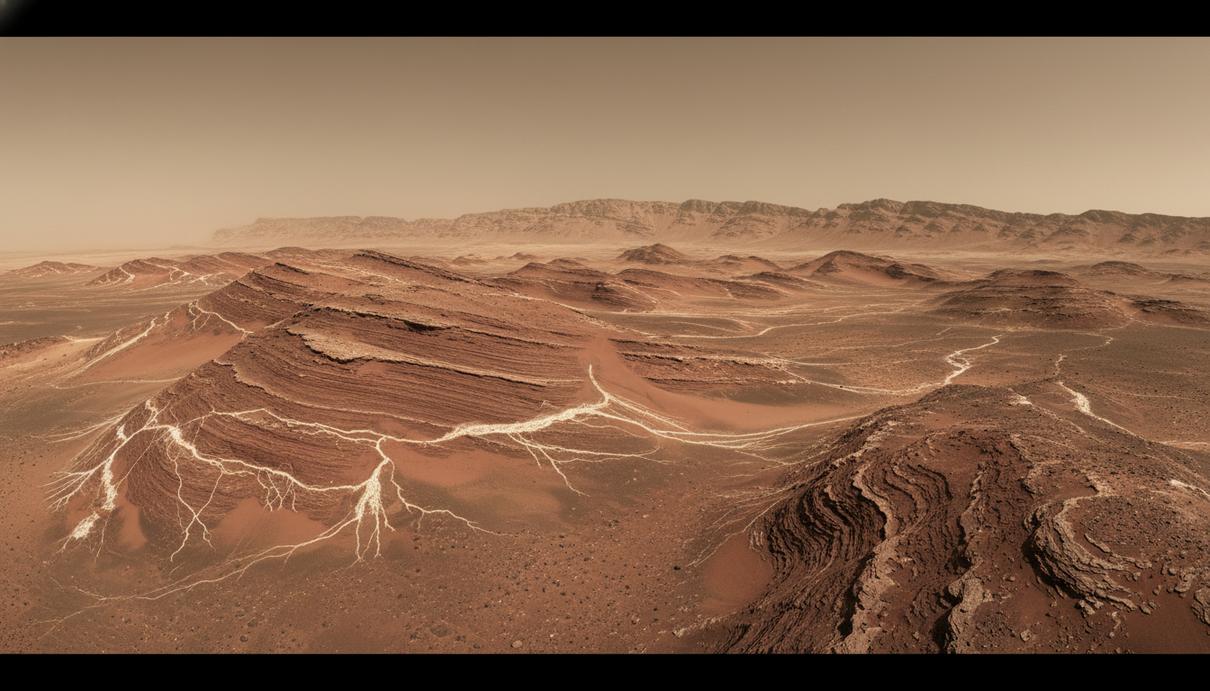 Слоистые скалы марсианского кратера с тонкими светлыми вкраплениями минералов на фоне пустыни.