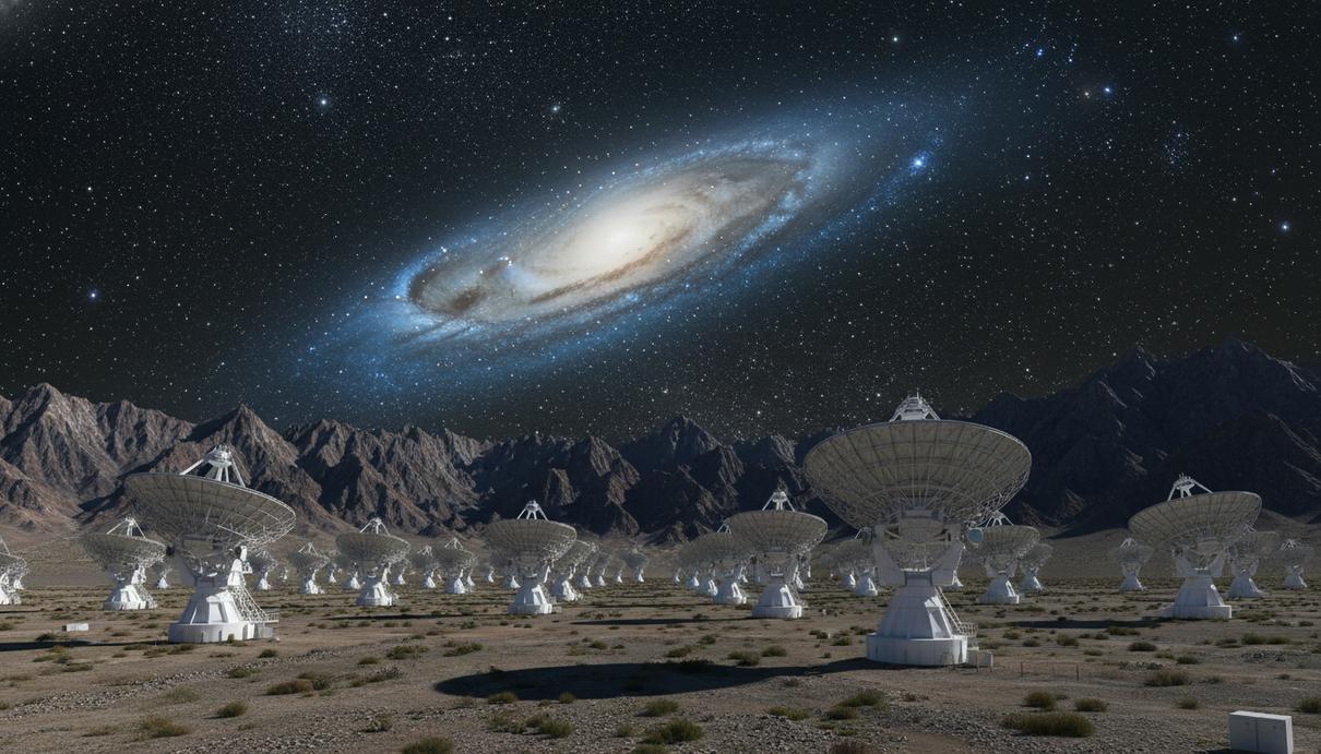 Массив крупных спутниковых антенн радиотелескопа в горной долине под ночным небом с галактикой