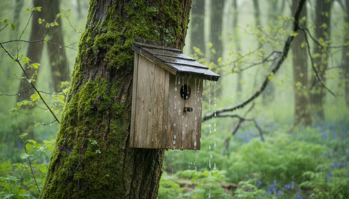 Деревянный гнездовой ящик на покрытом мхом стволе дерева в густом лесу во время сильного дождя
