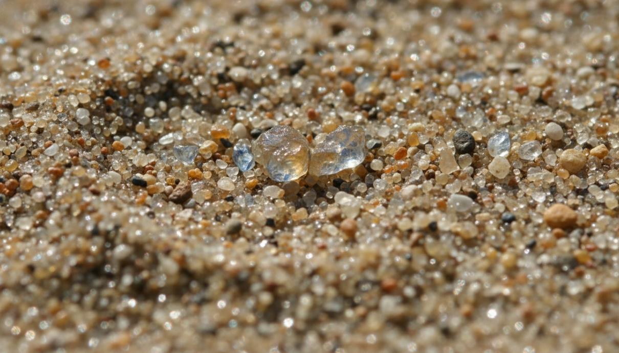 Микроскопические прозрачные кристаллы циркона в массе мелкого прибрежного песка при дневном свете