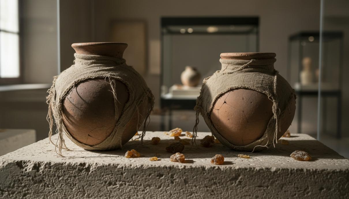 Глиняные сосуды, фрагменты ткани и частицы смолы на каменной плите в музейном помещении