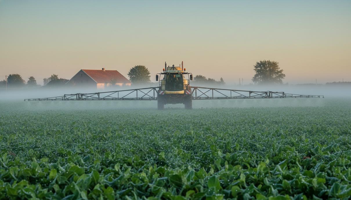 Сельскохозяйственное поле с системой орошения в утреннем тумане и капли влаги на листьях растений.