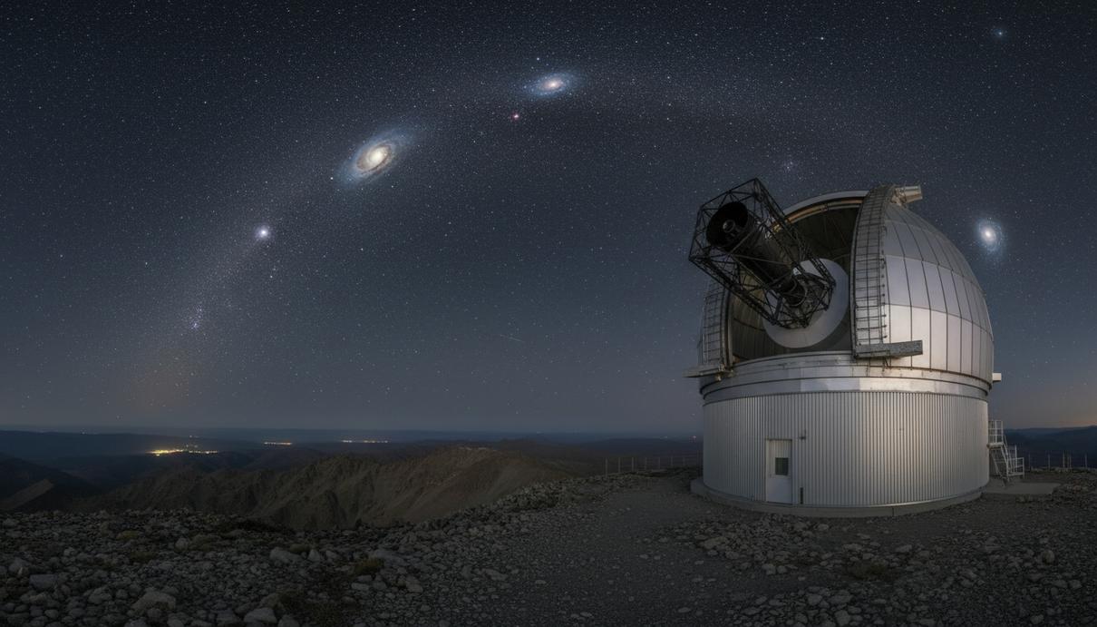 Белый купол современной обсерватории на фоне ночного неба с яркими звездами и туманностями
