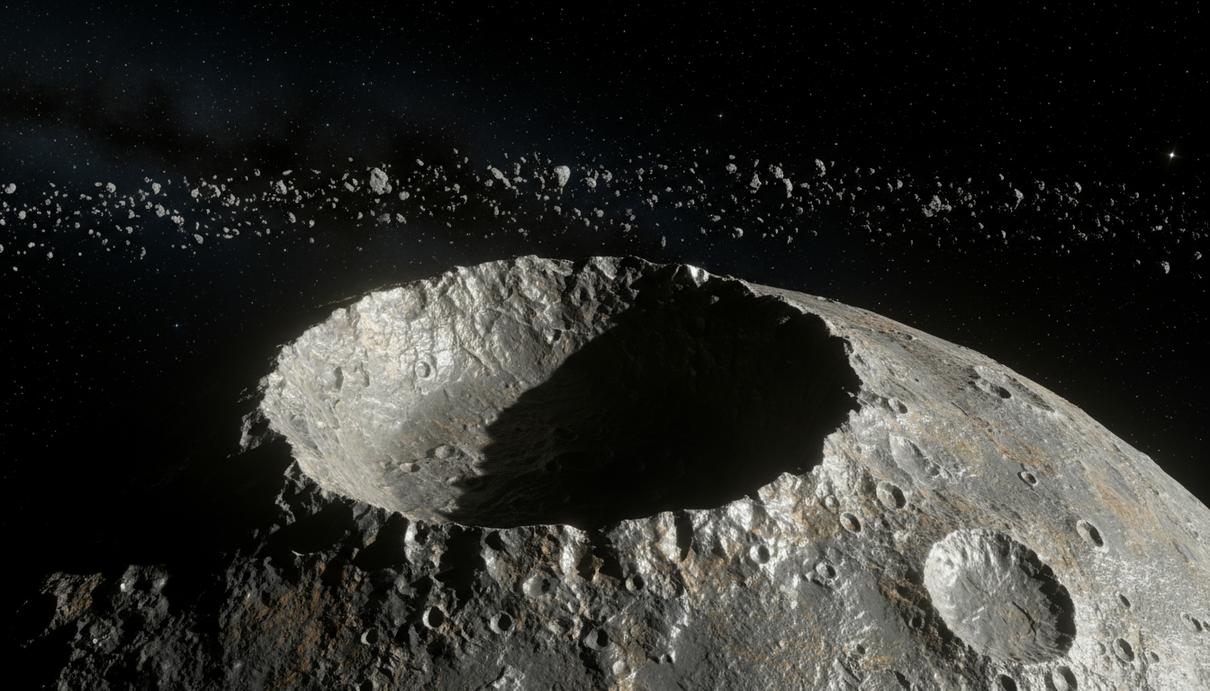 Металлический астероид Психея с крупным ударным кратером на поверхности в космическом пространстве.