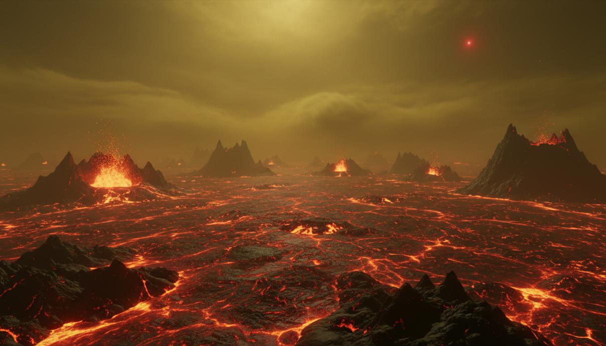 Расплавленная поверхность экзопланеты с потоками магмы и густой желтой дымкой на фоне красной звезды