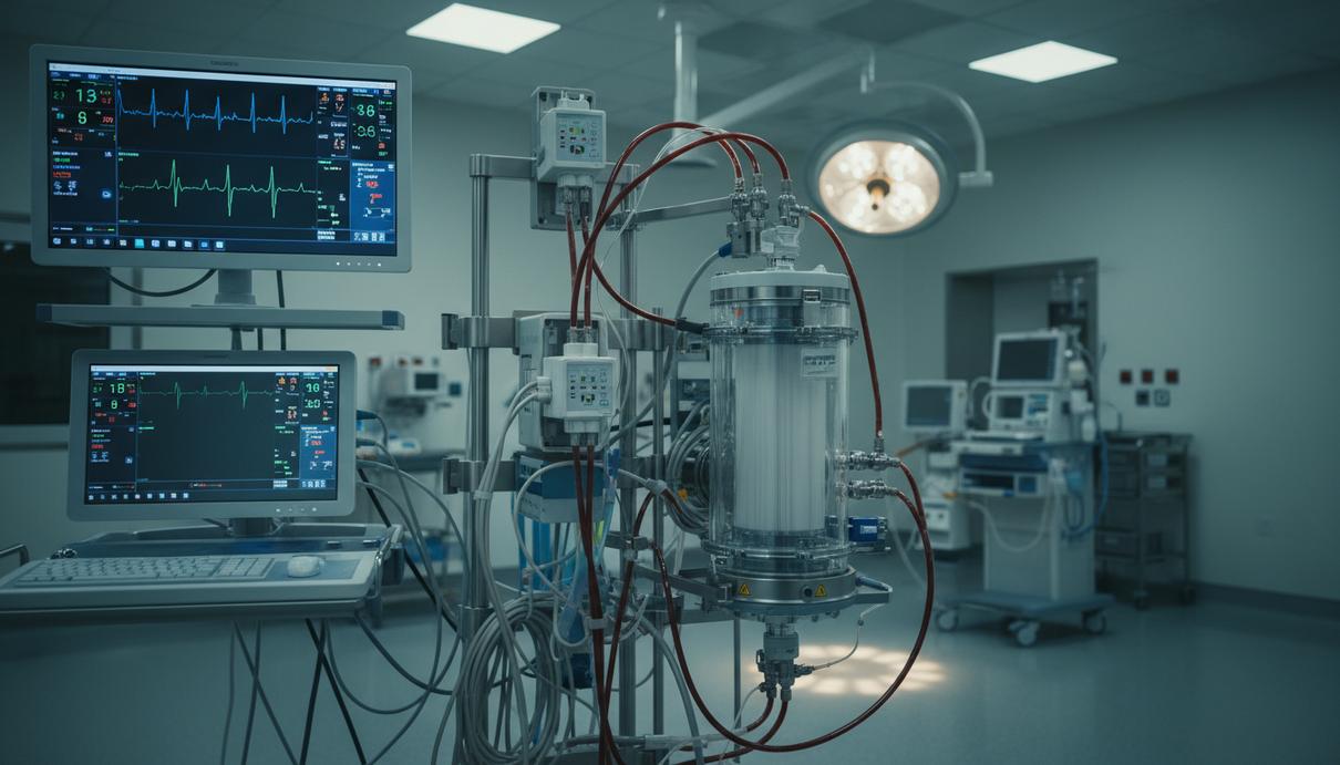 Система искусственного насыщения крови кислородом с трубками и мониторами в стерильной больничной палате.