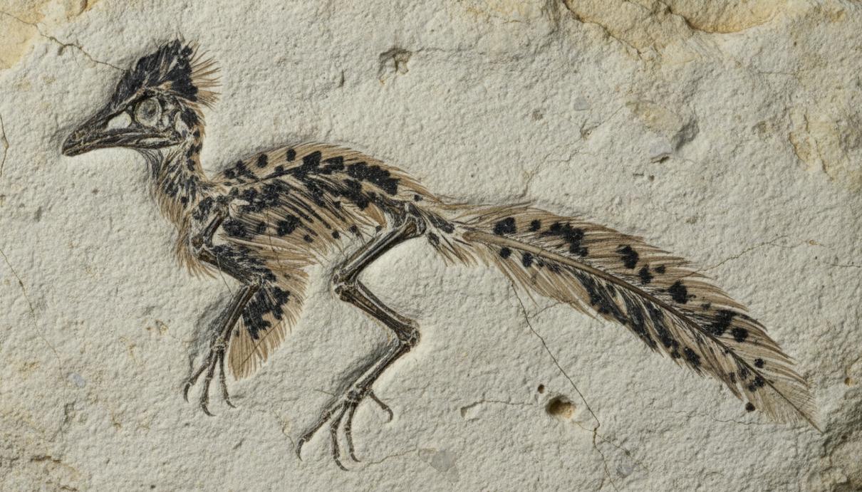 Окаменелость динозавра анхиорниса с сохранившимися перьями и темными пятнами на крыльях