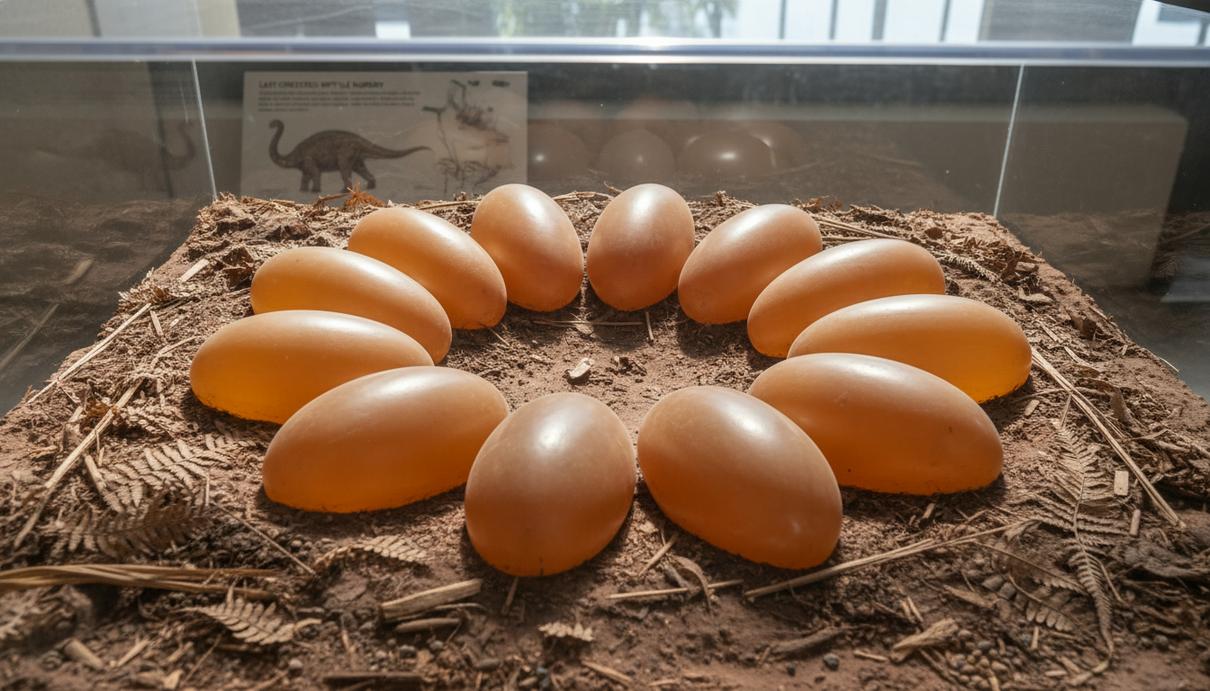 Реконструкция гнезда овираптора с продолговатыми яйцами, расположенными кольцами на сухой почве.