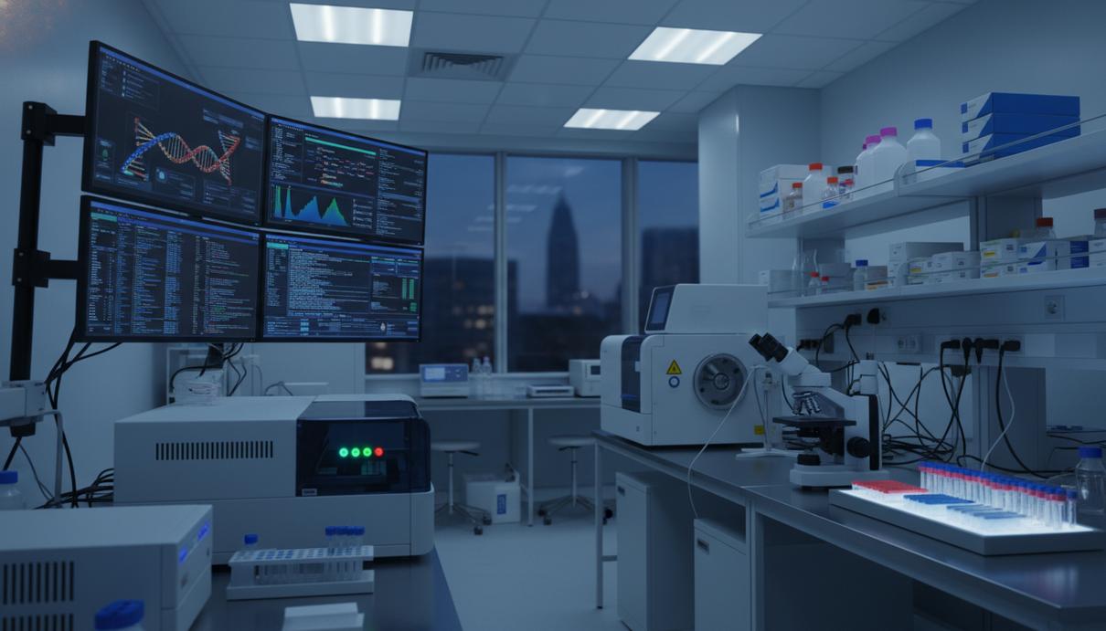 Лабораторный стол с микроскопическими предметными стеклами и мониторами с графиками структур ДНК.