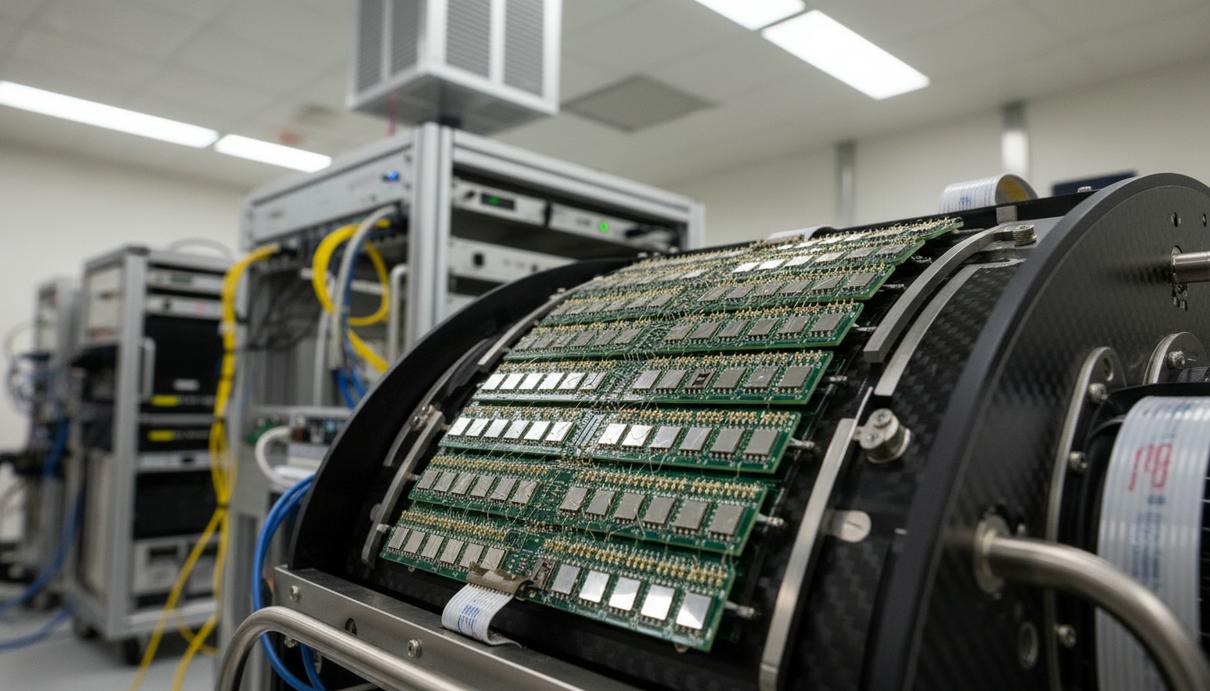 Крупный план научного оборудования с кремниевыми модулями детектора и сложной электроникой в лаборатории ЦЕРН