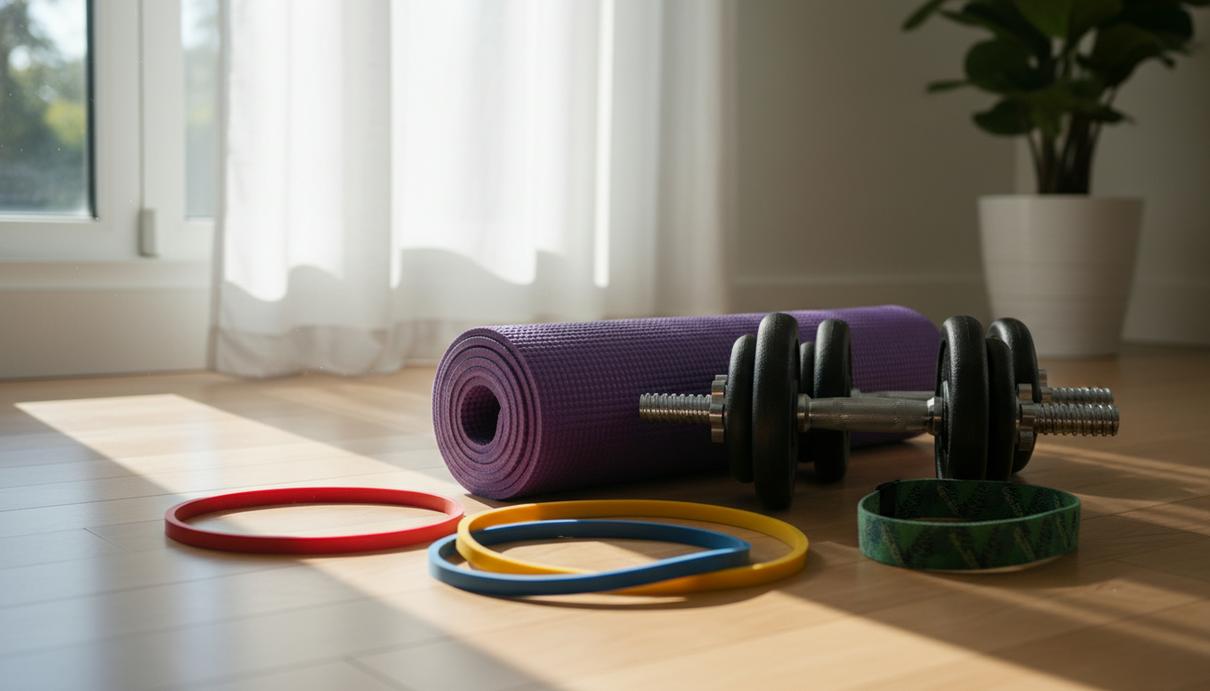 Гантели, эластичные ленты и свернутый коврик для фитнеса на деревянном полу в светлой комнате.