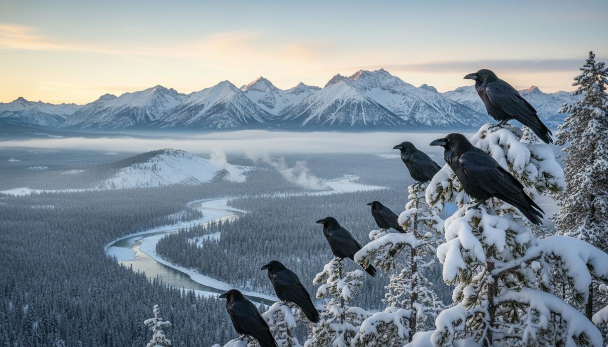 Несколько ворон сидят на заснеженных ветвях сосны на фоне широкой горной долины в зимнем парке.
