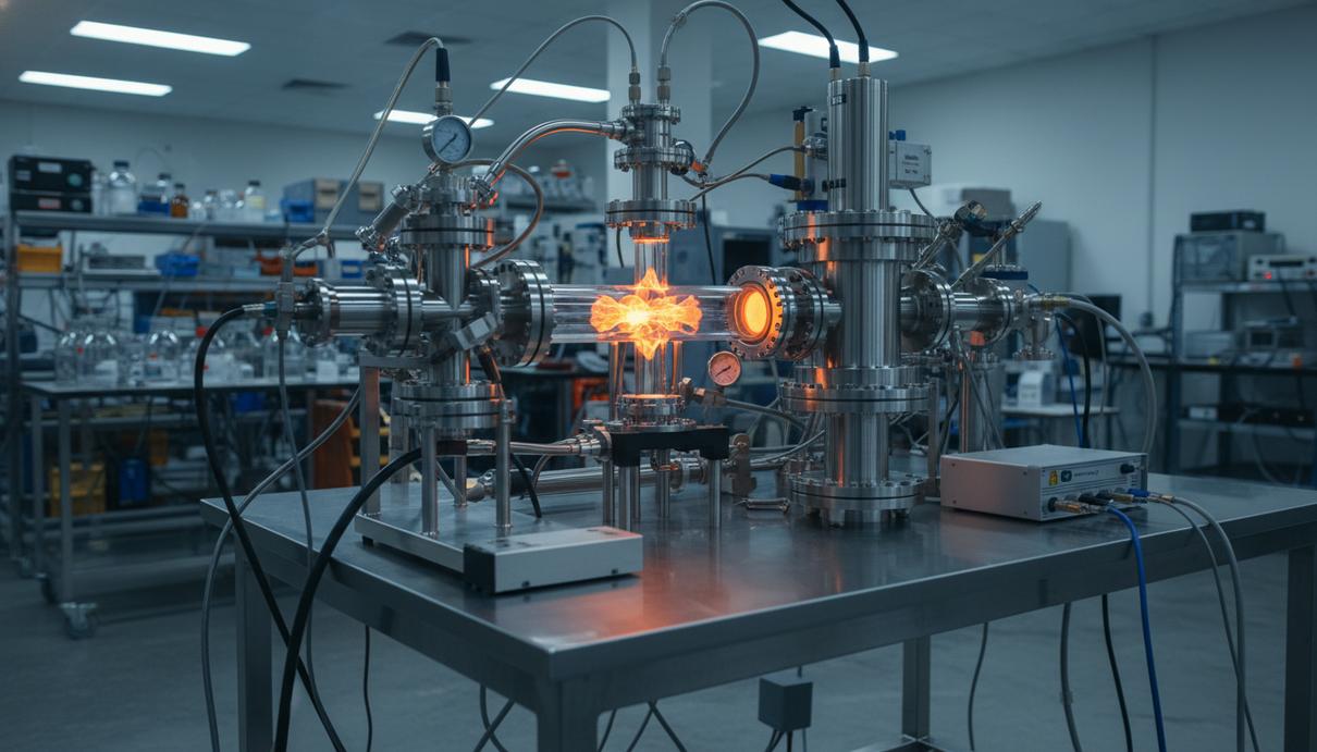 Лабораторная установка с кварцевым реактором и ярким свечением плазмы в процессе химического синтеза.