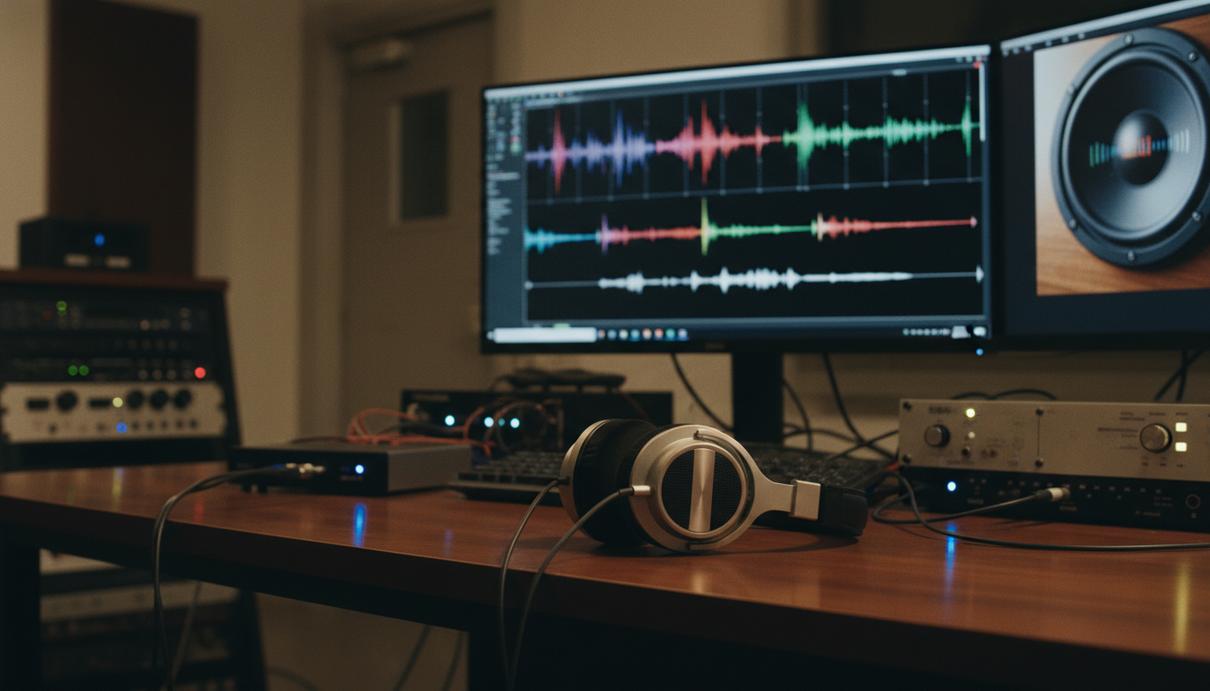 Студийные наушники на деревянном столе перед монитором с графиками звуковых волн