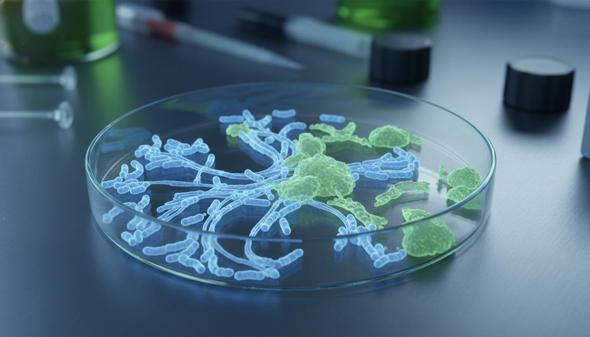 Микроскопическое изображение колоний бактерий и клеток опухоли в лабораторной чашке Петри.