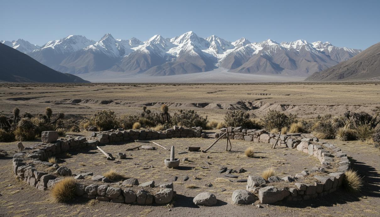 Вид на горную долину в Андах с древними каменными руинами поселения на переднем плане