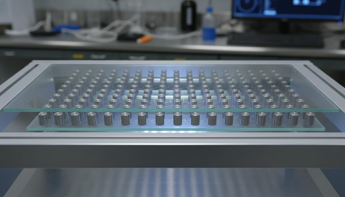 Две параллельные пластины с массивом мелких магнитных дисков, разделенные воздушным зазором в лаборатории.