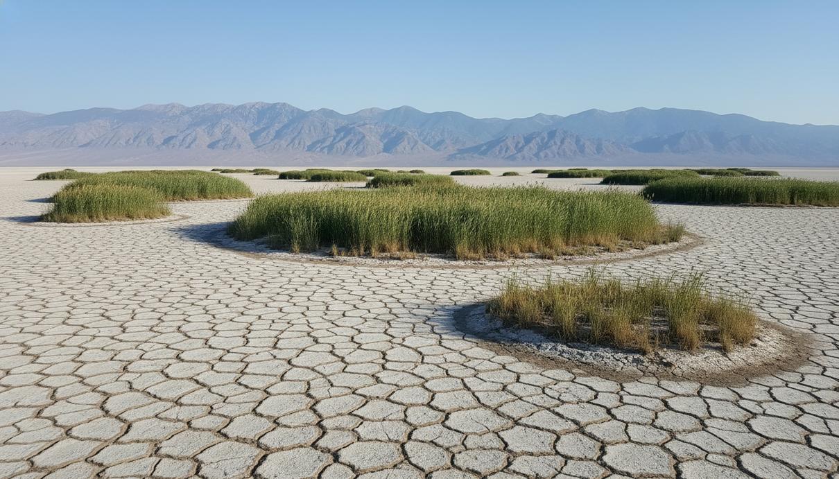 Круглые травянистые кочки на белом растрескавшемся дне высохшего соленого озера на фоне далеких гор.