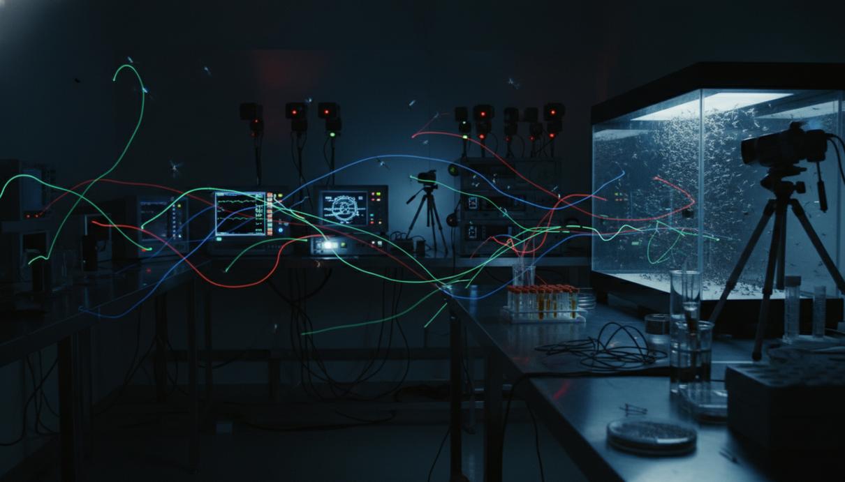 Светящиеся траектории полета комаров в темной лаборатории вокруг источника углекислого газа.