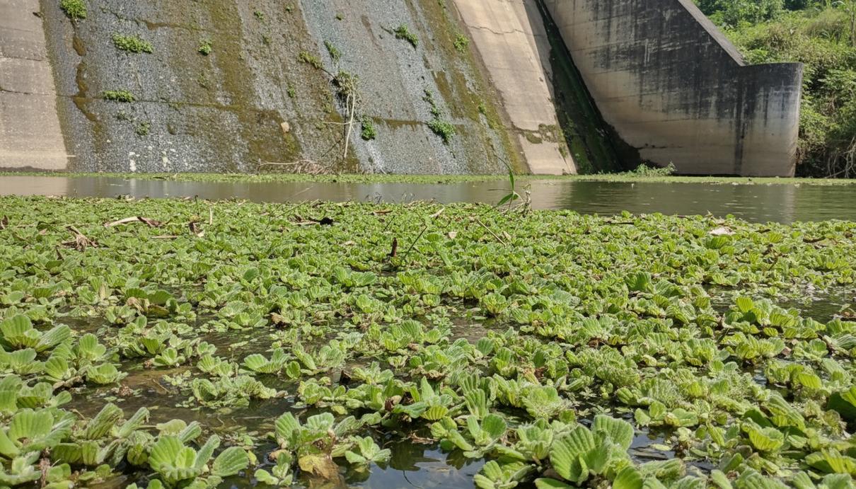 Зеленые листья водного папоротника сальвинии на поверхности речной воды у бетонной плотины