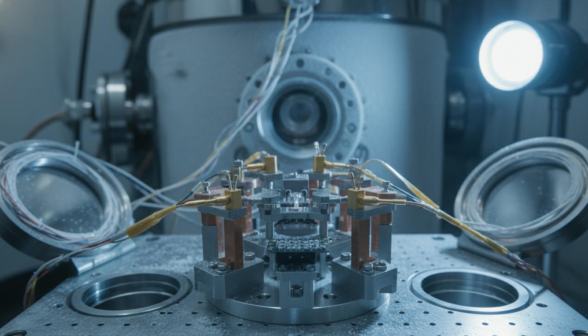 Лабораторная установка с кристаллами рутената стронция на устройстве для создания механического напряжения