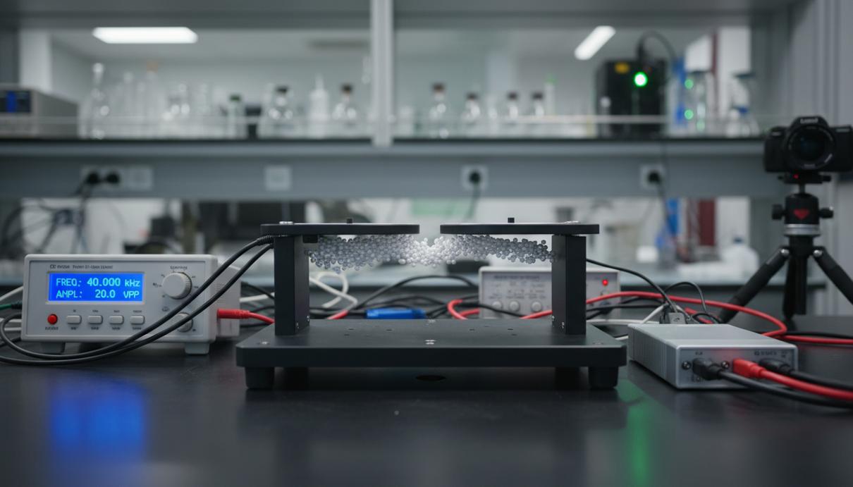 Белые пенопластовые шарики парят в воздухе внутри прозрачного устройства для акустической левитации