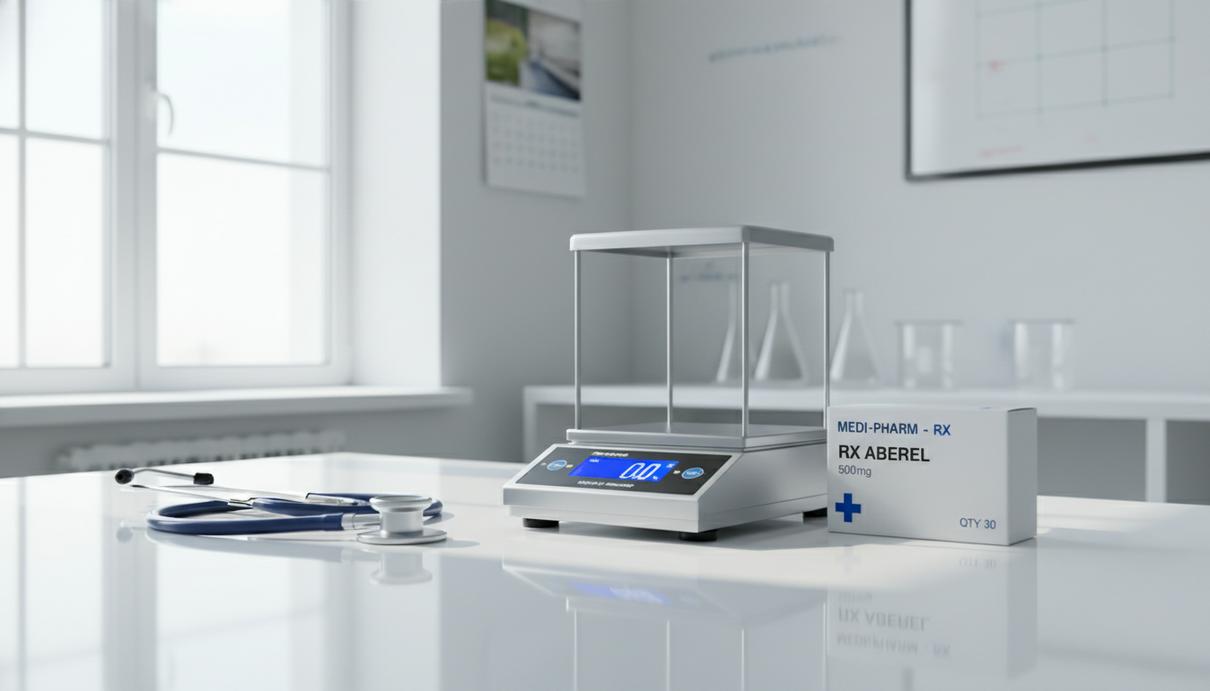 Медицинские весы, упаковка лекарства и стетоскоп на светлом лабораторном столе