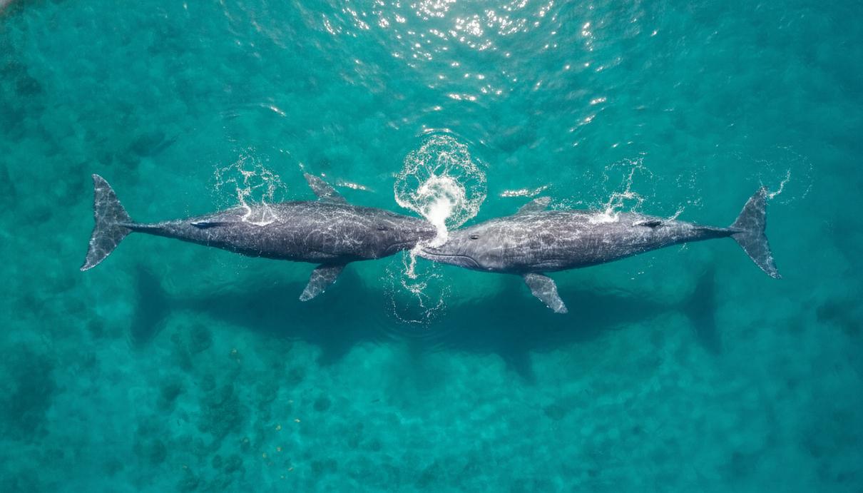 Два кашалота сталкиваются головами под водой, вид сверху