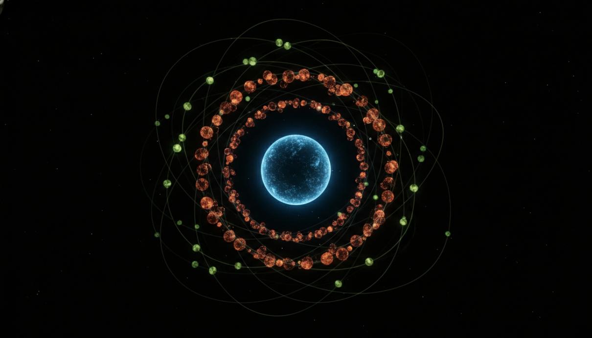 Три светящиеся сферы, изображающие атомы, со следами их движения в темном пространстве.