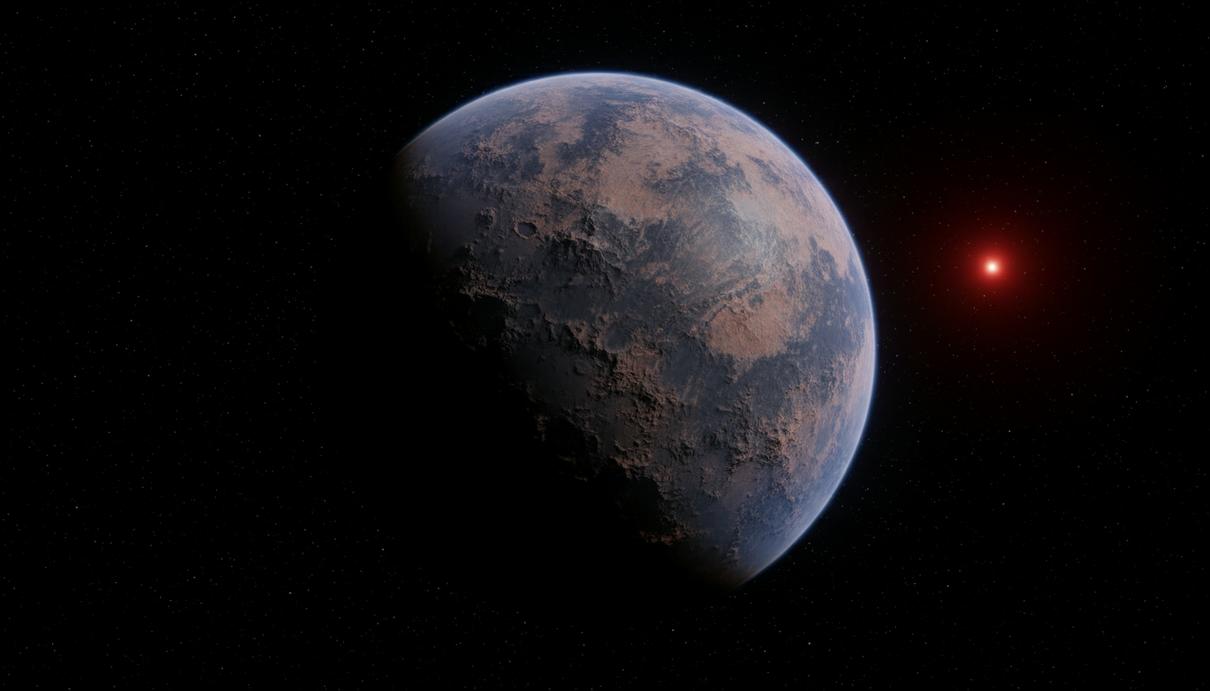 Каменистая экзопланета с тонкой атмосферой на орбите красного карлика в глубоком космосе