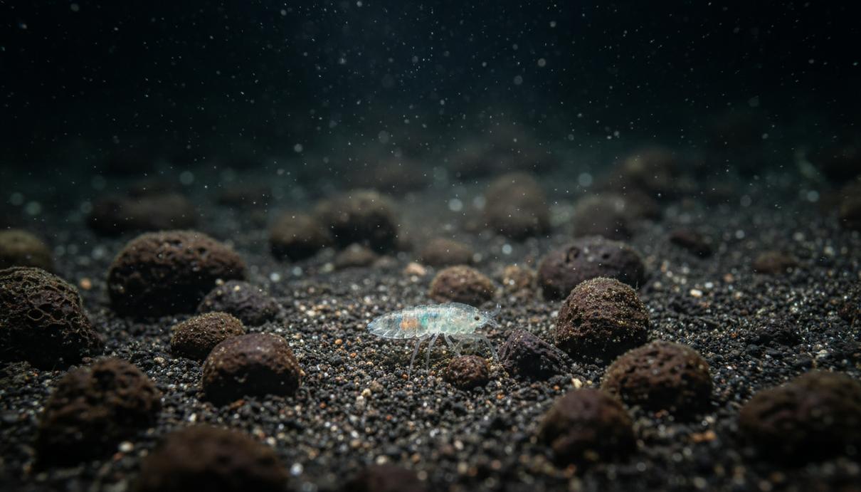 Маленькое полупрозрачное ракообразное на темном морском дне среди минеральных отложений.