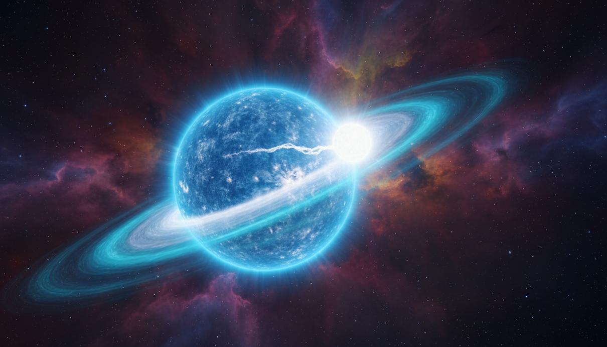 Голубая звезда с газовым диском и белый карлик, притягивающий струю плазмы на фоне космоса.