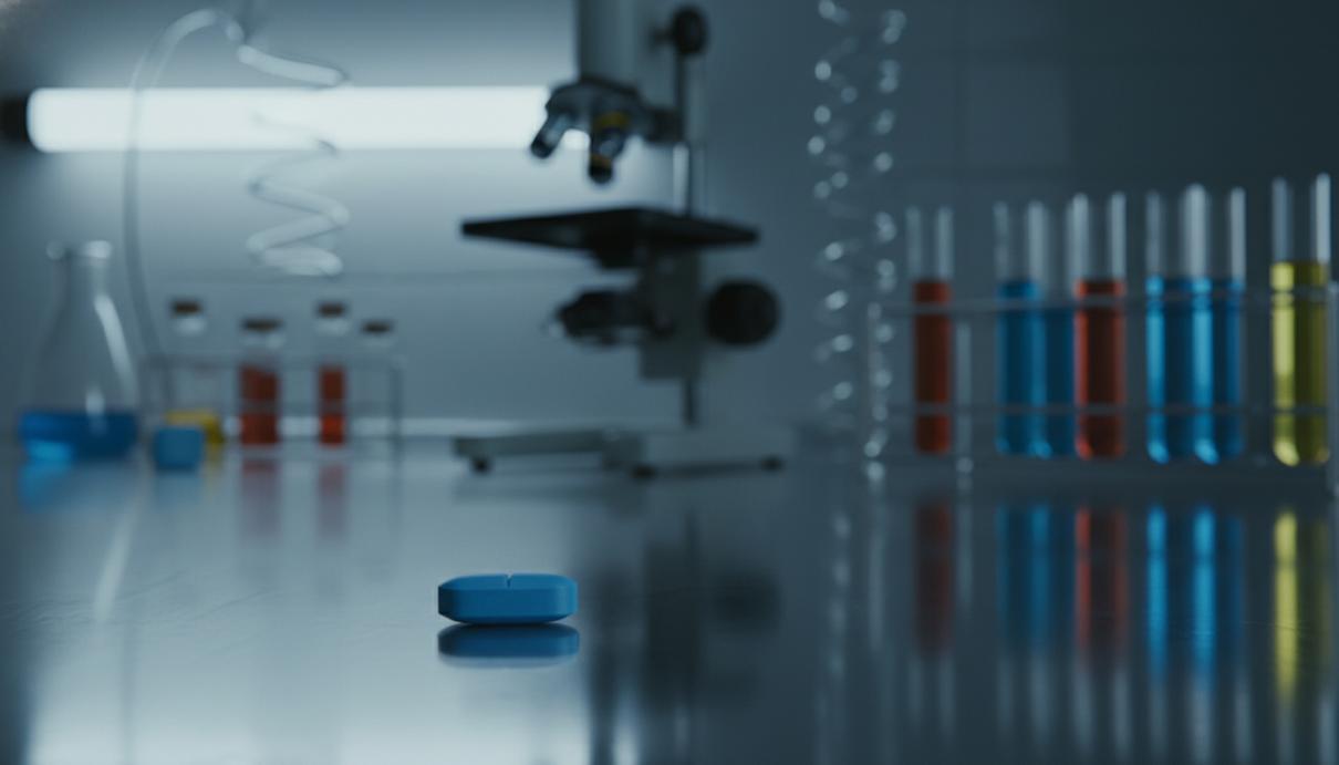 Синяя таблетка на зеркальной металлической поверхности в лаборатории на фоне научного оборудования.