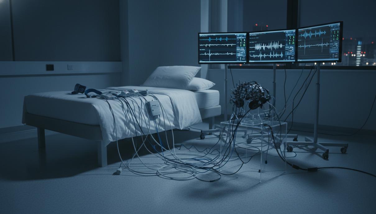 Современное оборудование для электроэнцефалограммы и мониторы в темной научной лаборатории сна.