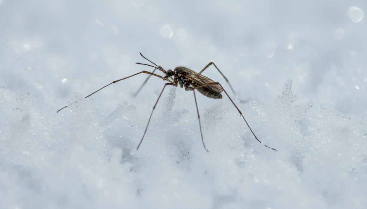 Бескрылое насекомое ледничник на заснеженной поверхности, макросъемка на фоне кристаллов снега.