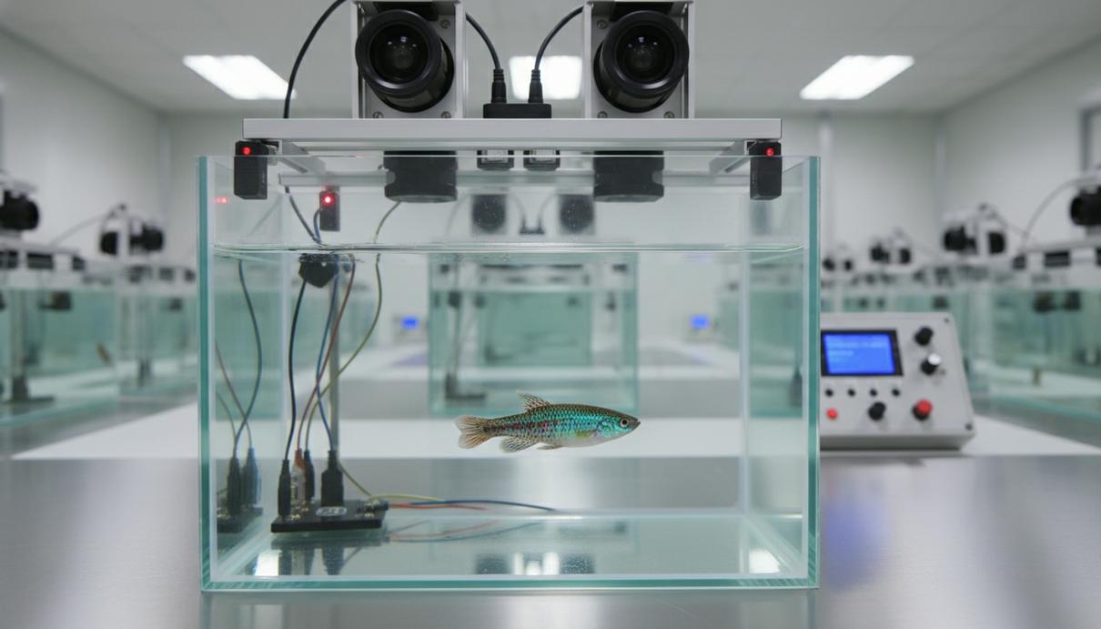 Яркая рыба в стеклянном лабораторном аквариуме с оборудованием для видеонаблюдения.