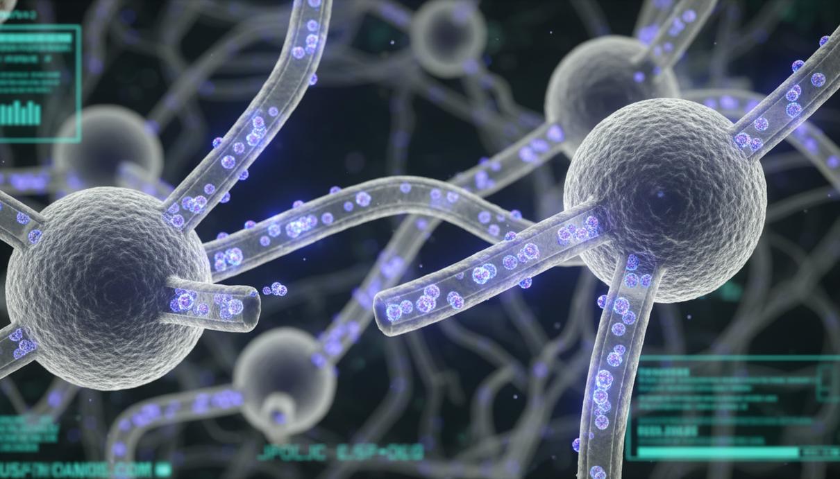 Трехмерная визуализация клетки с подсвеченными лизосомами и ионными каналами на мембране