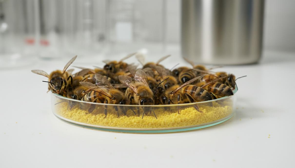 Пчелы на поверхности кормушки с желтым порошкообразным веществом в лабораторных условиях.