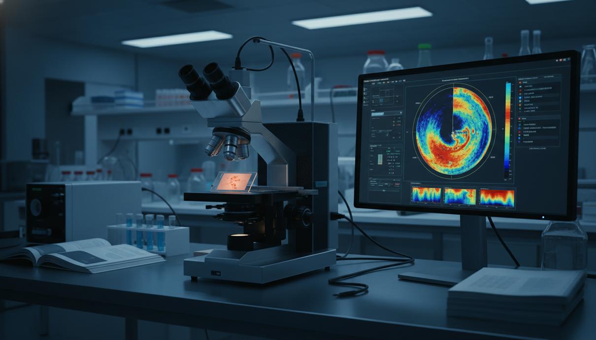 Лабораторная установка для анализа тканей и монитор с тепловой картой распределения лекарства.