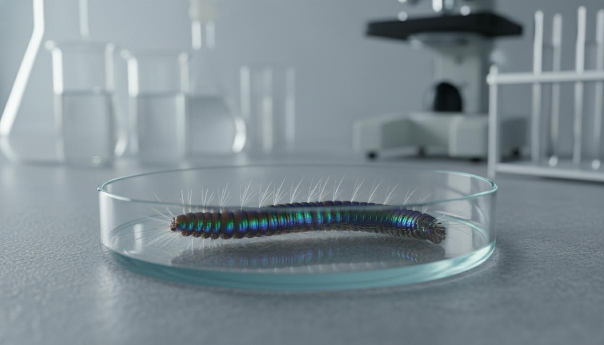 Морской многощетинковый червь с сегментированным телом в лабораторной чашке Петри