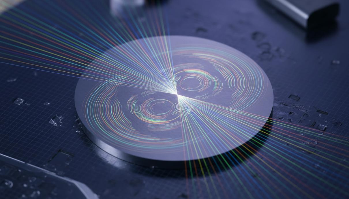 Микроскопический металлический диск с круговым узором и светящимися волнами энергии на поверхности.