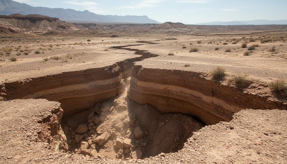 Вид на линию геологического разлома со смещением пластов сухой почвы и глубокой трещиной в земле.