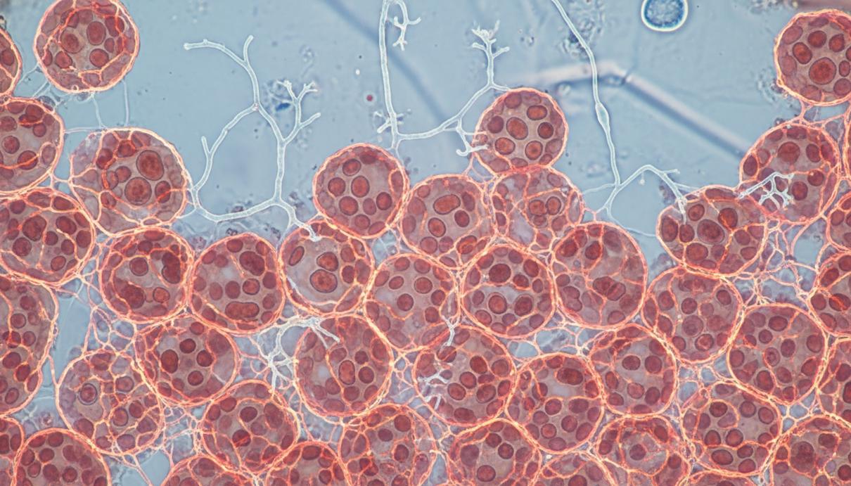 Макросъемка структуры бурой жировой ткани с сетью кровеносных сосудов и нервных волокон под микроскопом