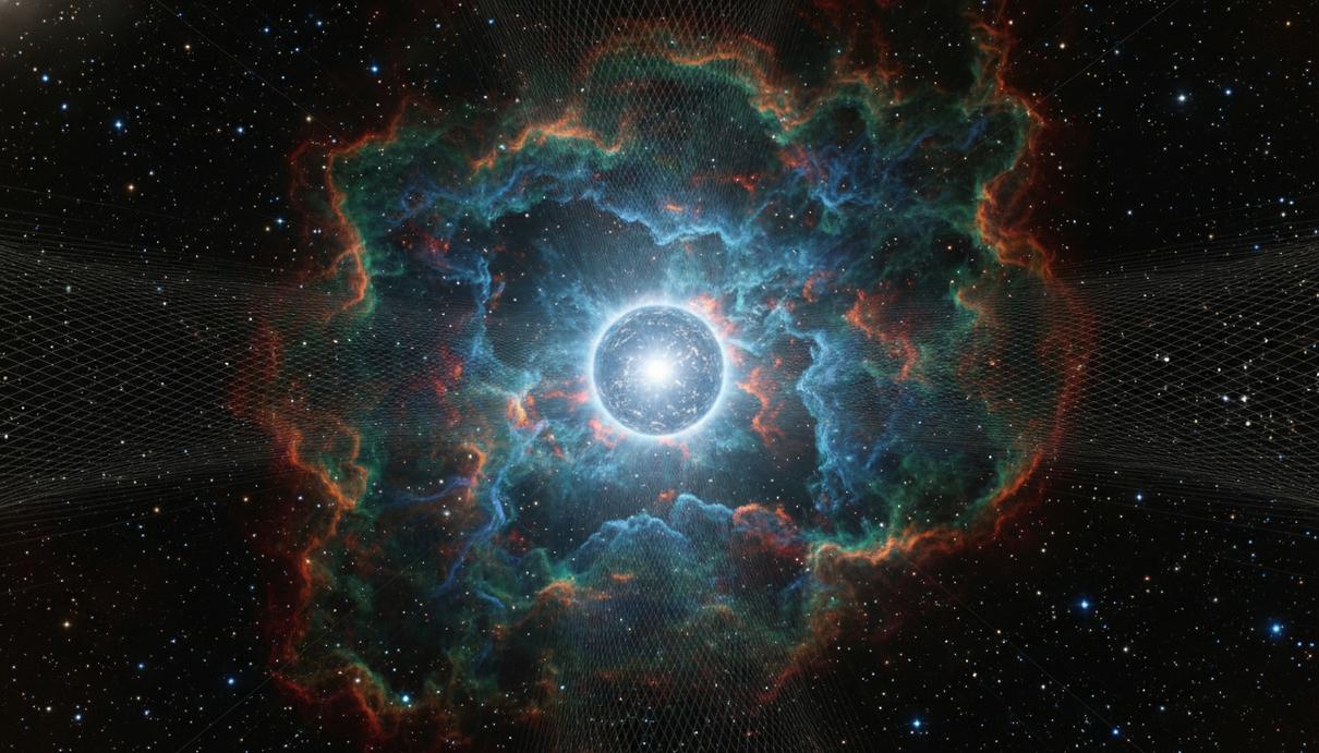 Нейтронная звезда в центре Крабовидной туманности с яркими газовыми волокнами и полосами излучения в космосе
