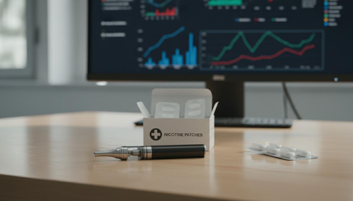 Электронная сигарета, антиникотиновый пластырь и таблетки на лабораторном столе на фоне графиков.