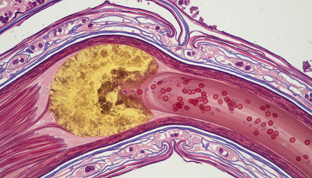 Поперечный срез кровеносного сосуда с желтыми отложениями холестерина на внутренних стенках