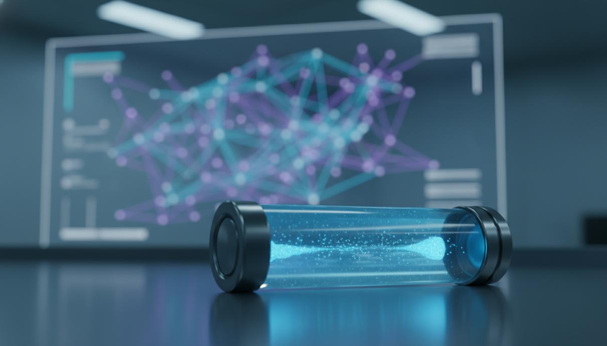 Стеклянный лабораторный флакон на металлическом столе на фоне экрана с моделью нейронных связей мозга