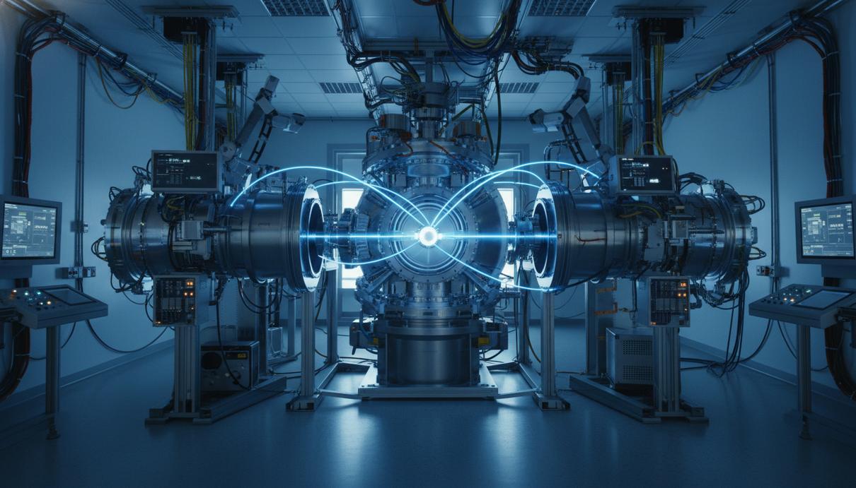 Лабораторная установка со стальными камерами и датчиками в синем техническом освещении