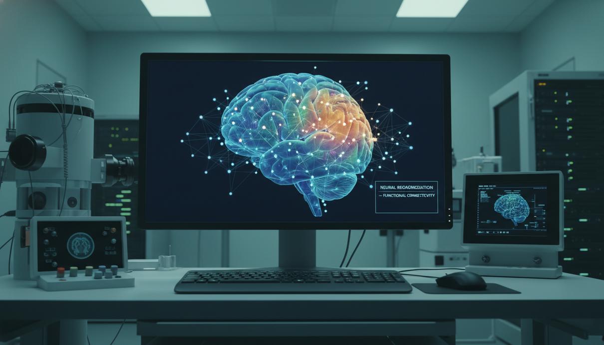Трехмерная модель головного мозга человека со светящимися нейронными связями на экране монитора.
