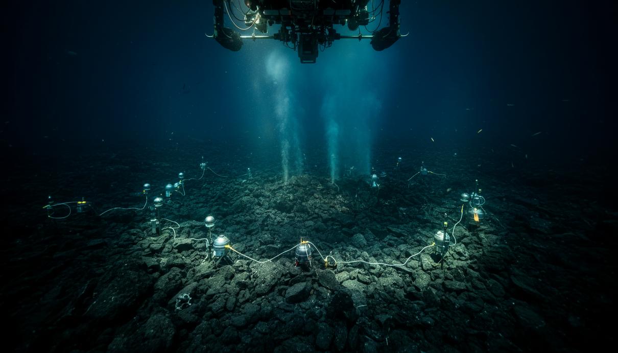 Подводная вулканическая кальдера с установленным на морском дне научным оборудованием для мониторинга.